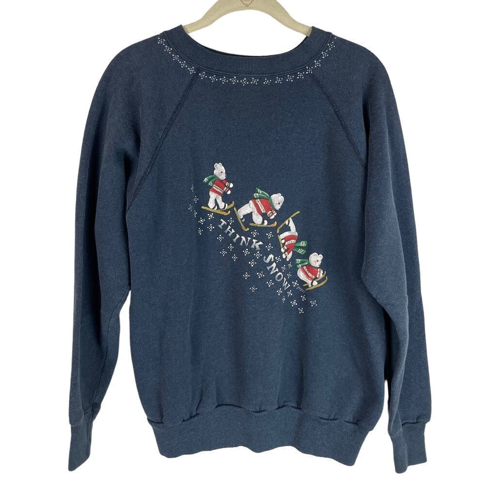Vintage Winter Christmas navy sweatshirt ski bears Think Snow
